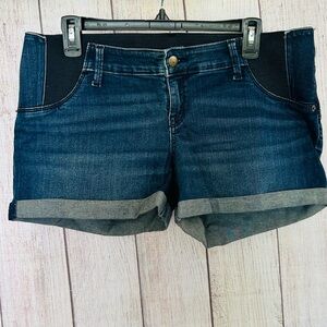 Isabel Maternity Blue Dark Wash Cuffed Stretch Midi Shorts Size 8